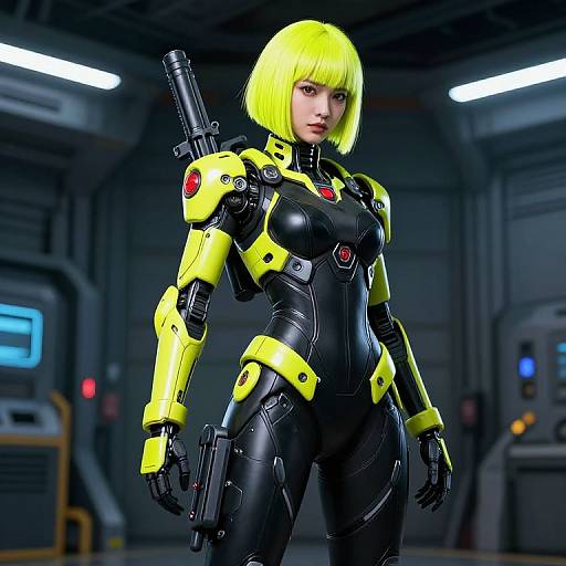 CGI image of a cybernetic woman with bright yellow bob haircut, black and yellow armored suit, holding a gun, in a dimly-l