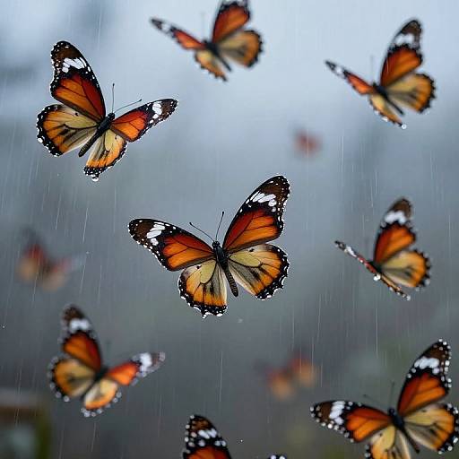 Photograph of vibrant orange and black butterflies with white spots flying amidst gentle raindrops, set against a blurred, misty background.