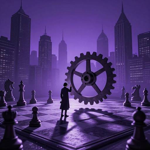 Silhouetted figure in trench coat stands before giant gear in dimly-lit, purple-hued cityscape chessboard, towering skyscrapers