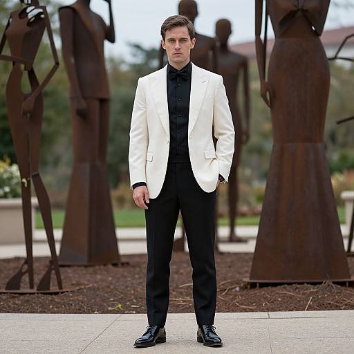 Man in Elegant Tuxedo in Sculpture Garden
