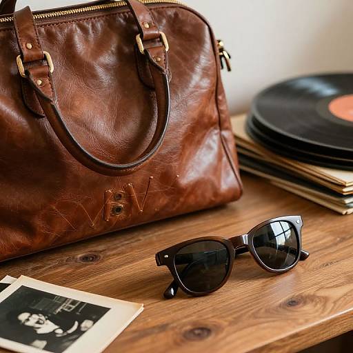 Photograph of a brown leather handbag with gold studs, black tortoiseshell sunglasses, vinyl records, and a black-and-white photo on a