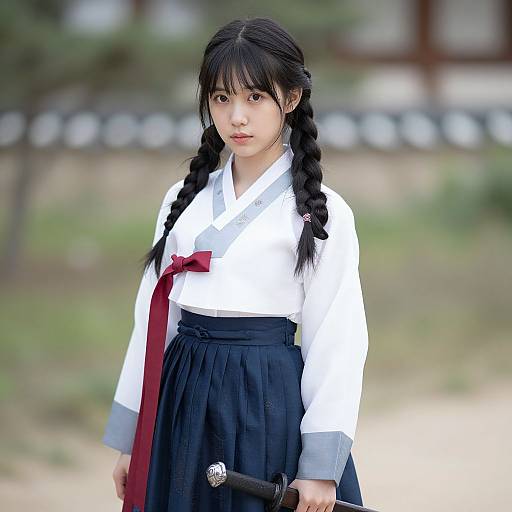 Photograph of an Asian teenage girl with black braided hair, wearing a white Korean school uniform with a red ribbon, black skirt, and holding a