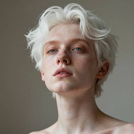 Digital portrait of a pale, androgynous person with short, messy white hair, light blue eyes, and freckles, set against a
