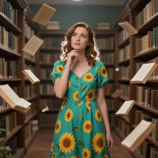 Photograph of a curly-haired woman in a sunflower-patterned turquoise dress, standing in a library with floating books. She gazes thoughtfully ahead