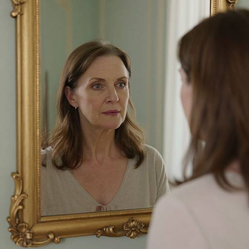 Photograph of a middle-aged woman with light brown hair, wearing a light gray top, looking at her reflection in an ornate gold-framed mirror