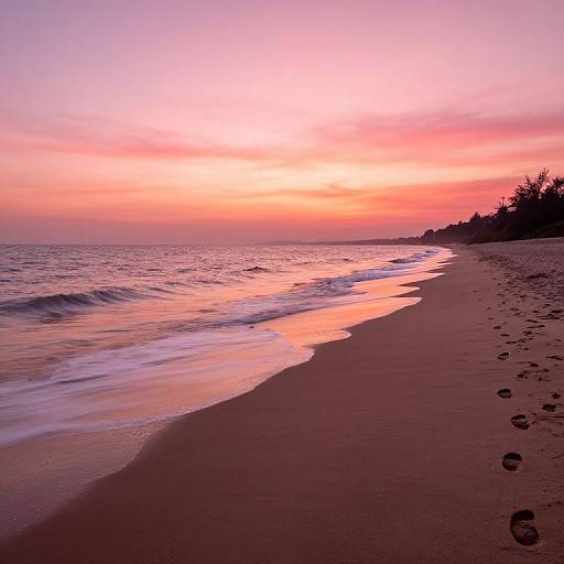 Photograph of a serene beach at sunset, with pink and orange sky, gentle waves, wet sand, and footprints in the foreground.