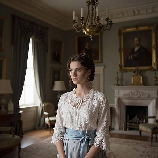 Photograph of a young woman with dark curly hair, wearing a white lace blouse and light blue skirt, standing in a dimly lit, ornately