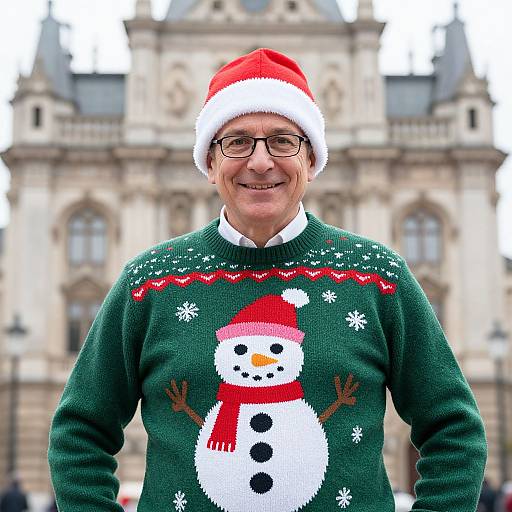Photograph of middle-aged man with glasses, wearing red Santa hat and green Christmas sweater with snowman design, standing in front of ornate, historical