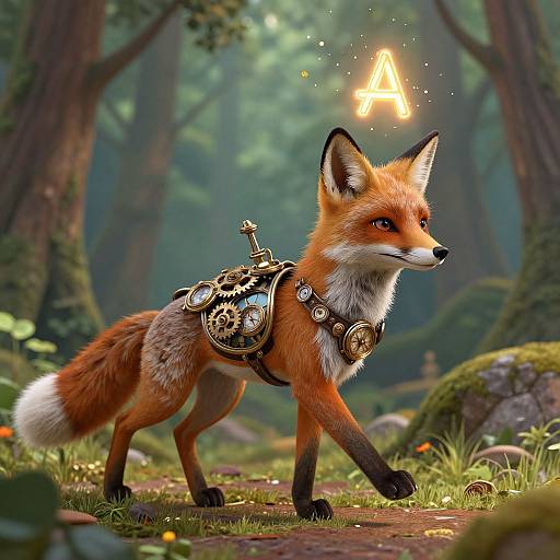 Digital artwork of a fox with steampunk gear, glowing letter 