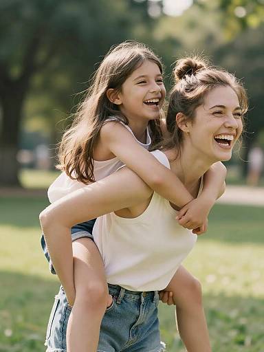 Playful Mother and Daughter Piggyback