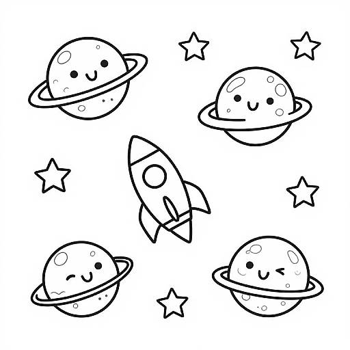 Cute black-and-white digital drawing of four smiling planets with rings, a rocket, and stars on a white background.
