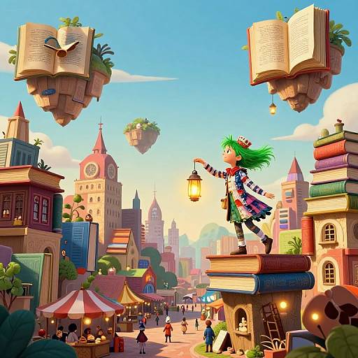 Whimsical Floating Book Cityscape