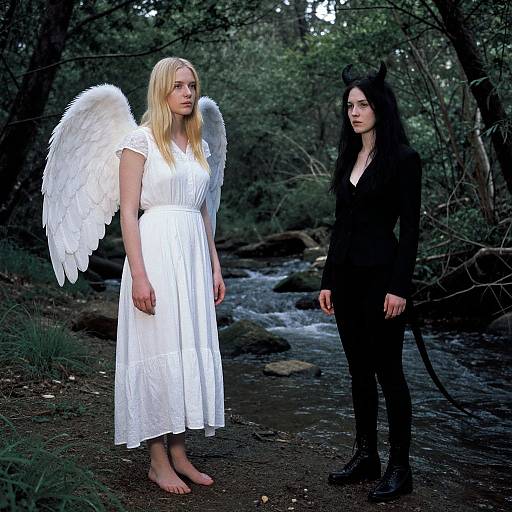 Photograph of two women in a forest: one blonde with white angel wings and a white dress, the other black-haired with cat ears and a black