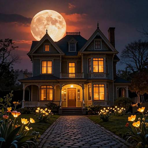 Serene Victorian House with Fiery Moon