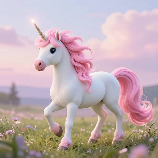 Photorealistic CGI of a white unicorn with a pink mane and tail, standing in a colorful meadow at sunset.
