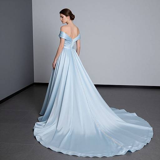 Photograph of a woman in an off-the-shoulder, light blue satin wedding gown with a long train, standing in a minimalist gray room.