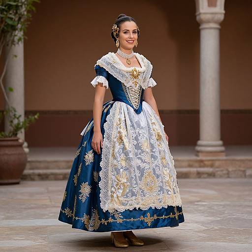 Photograph of a smiling woman in a traditional blue and white lace Spanish Flamenco dress, standing in a colonial courtyard.
