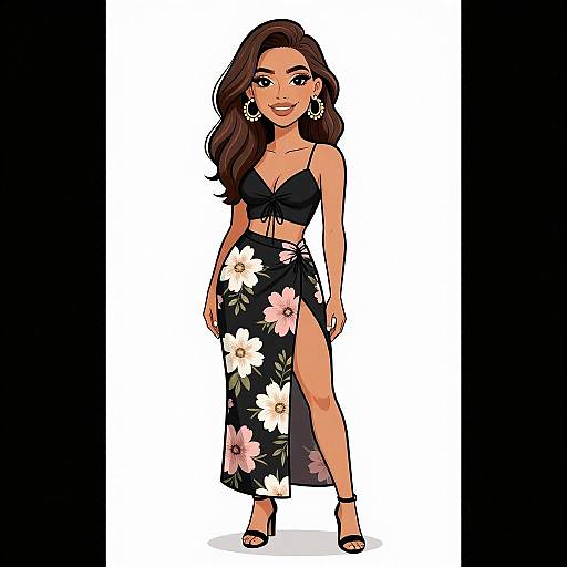 Digital illustration of a smiling, brown-haired woman with fair skin, wearing a black crop top and floral-patterned, high-slit skirt, black high