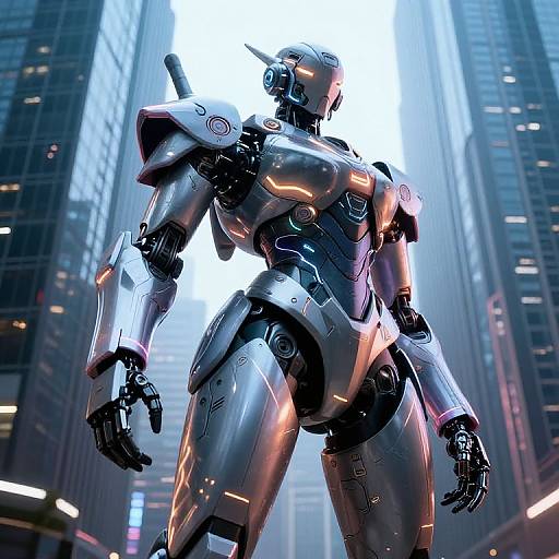 CGI image of a futuristic, silver, humanoid robot with glowing blue and orange accents, standing in a neon-lit, towering cityscape.