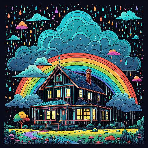 Whimsical Cartoon House with Rainbow Clouds
