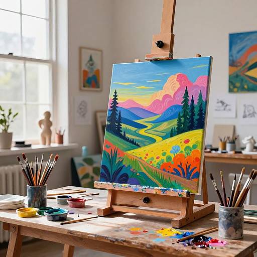 Vibrant landscape painting on wooden easel in sunlit, cluttered art studio, with scattered paintbrushes, palette, and colorful artworks on