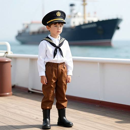 Photograph of young boy in sailor uniform, black hat, brown pants, white shirt, black boots, standing on ship deck with blurred ship in background