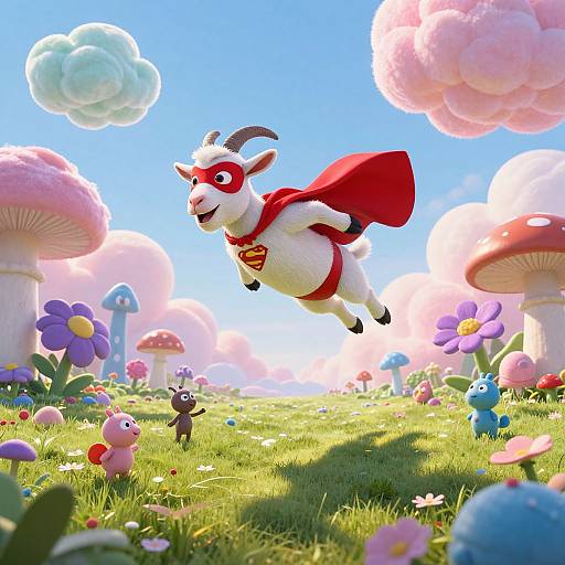 Cartoon goat superhero in red cape and 