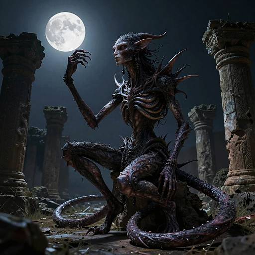 Surreal Creature Among Ancient Ruins