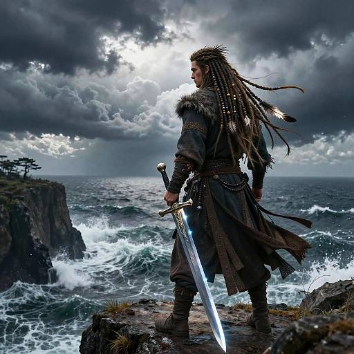 Dreadlocked Fantasy Warrior on Cliff