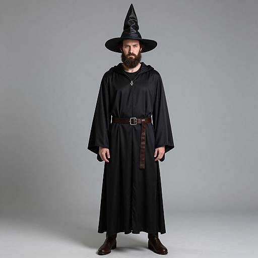 Photograph of a bearded man in a black wizard robe and pointed hat, with a brown belt, standing against a plain grey background.