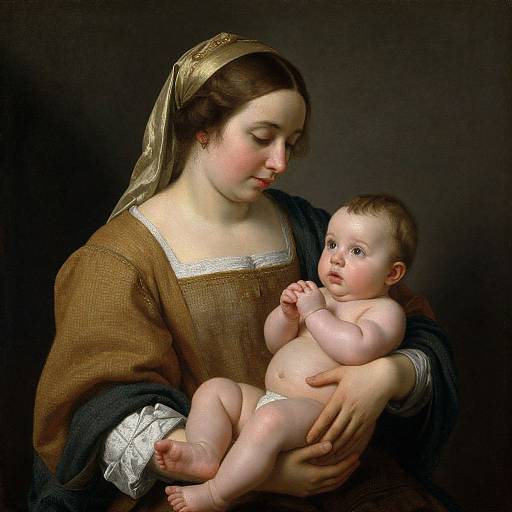 Photorealistic digital painting of a fair-skinned woman with brown hair in a headscarf, holding a chubby, naked baby with blue eyes against