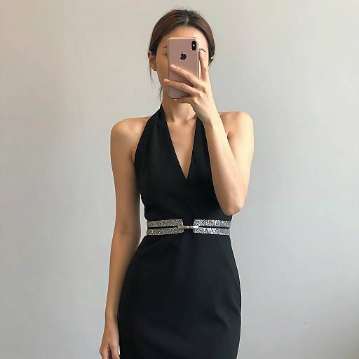 Woman in Black Halter Dress Taking Selfie