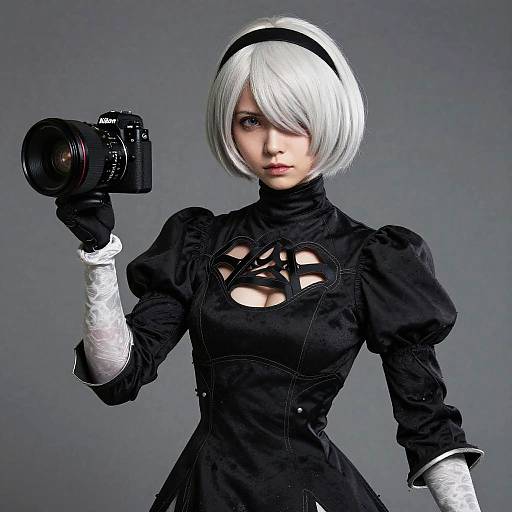 Digital art of a white-haired, blue-eyed woman in black gothic dress with white gloves, holding a camera, inspired by Nier: Automata