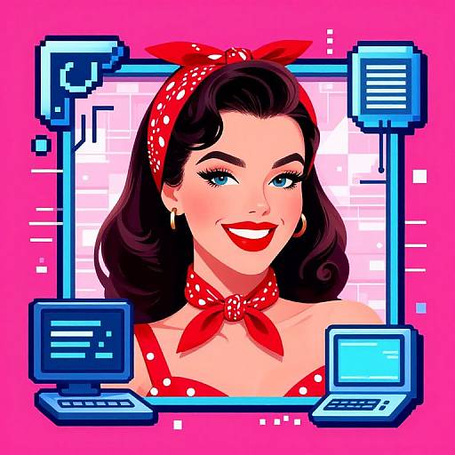 Digital illustration of a smiling 1950s-style woman with red polka-dot headband, neckerchief, and red lipstick, framed by retro