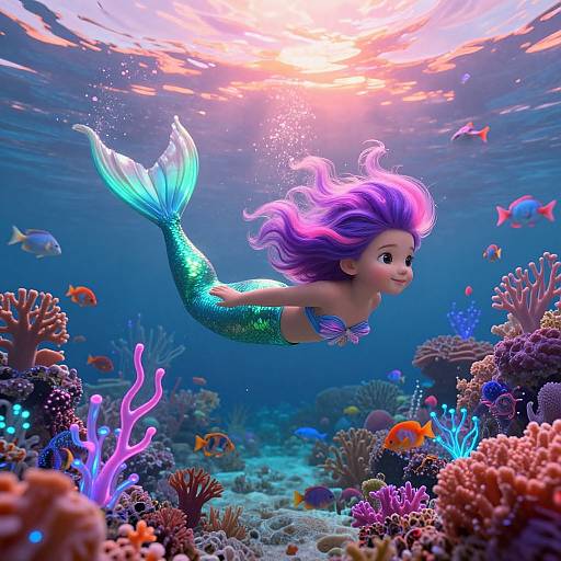 Digital artwork of a vibrant, purple-haired mermaid with a green, shimmering tail, swimming through a colorful underwater coral reef with various fish and cor