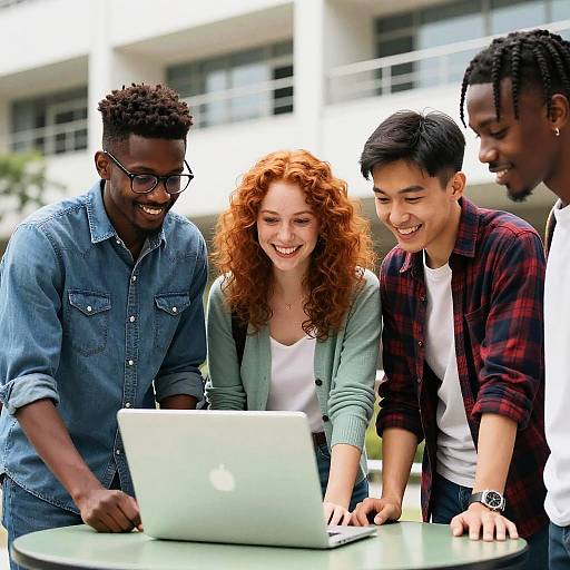 Diverse College Students Collaborating Around Laptop