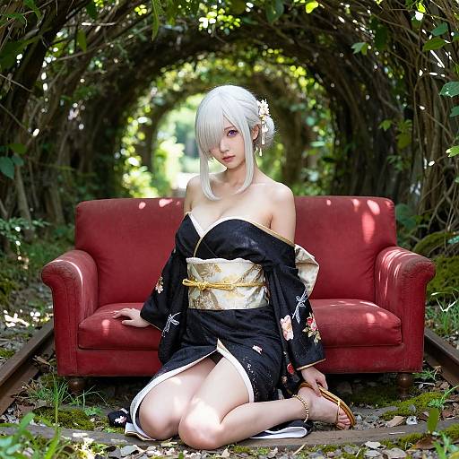 Photorealistic digital art: Pale-skinned woman with white hair, black floral kimono, gold obi, kneeling on forest path, red couch