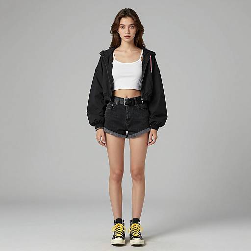 Casual Street Style Woman in Crop Top and Denim Shorts