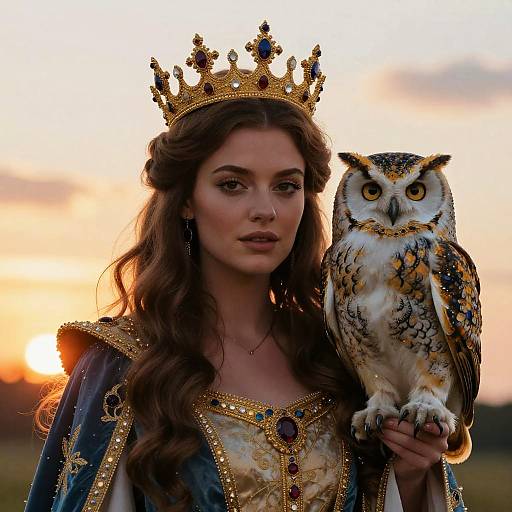 Photograph: Long-haired woman with crown, ornate dress, and owl, sunset background, golden light, detailed owl feathers, regal and mystical