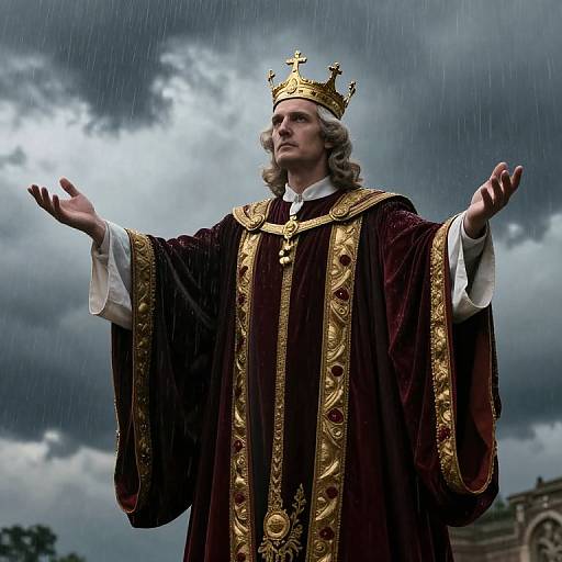 Photograph of a solemn, white-haired king with a gold crown, wearing a richly embroidered, dark purple robe, standing in the rain with out