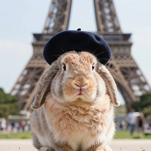 Photograph of a fluffy brown rabbit wearing a black beret, centered in front of the Eiffel Tower with a blurred crowd in the background.