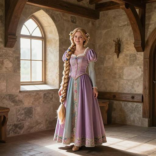 Photograph of a blonde woman with long braided hair, wearing a lavender medieval dress with puffed sleeves, standing in a sunlit, stone-w
