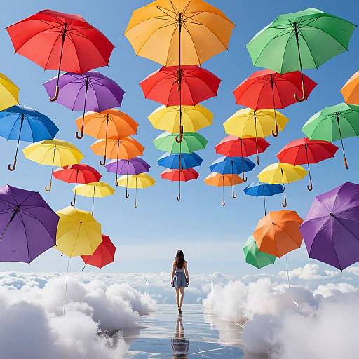 Digital art: Girl in blue dress stands on reflective path, surrounded by colorful floating umbrellas, clear blue sky, and fluffy clouds.