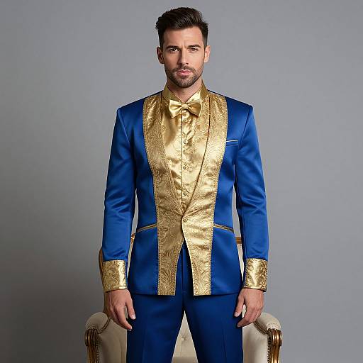 Photograph of a handsome man with short dark hair and beard, wearing a royal blue suit with gold embroidered trim and matching gold bow tie, standing against