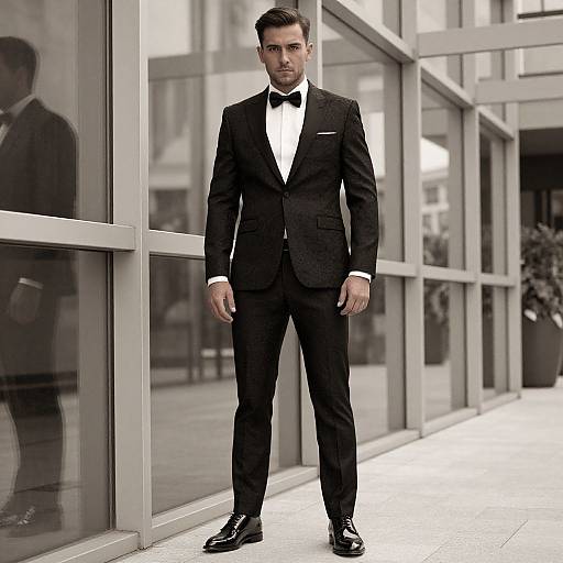 Confident Man in Black Jacquard Suit