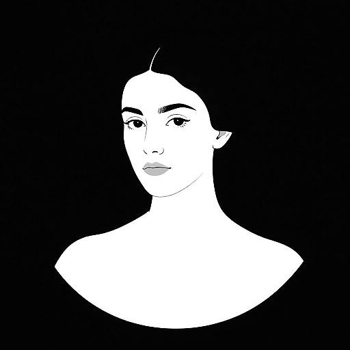 Black and white digital portrait of a woman with short, dark hair, minimalistic features, and a neutral expression, against a solid black background.