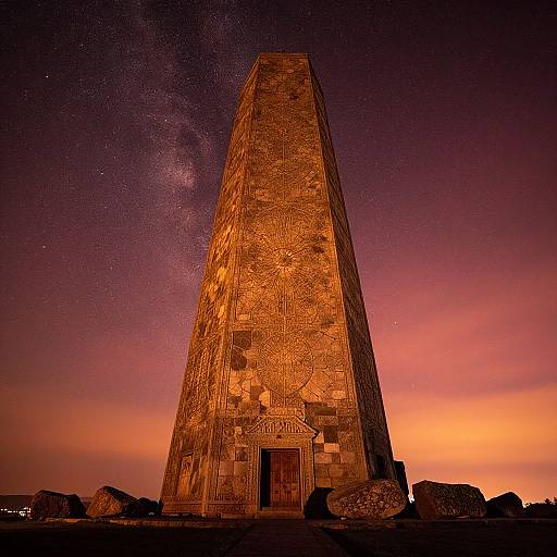 Photograph of an ancient, towering stone pyramid illuminated by a vivid orange and purple sunset sky, with a starry Milky Way visible above.