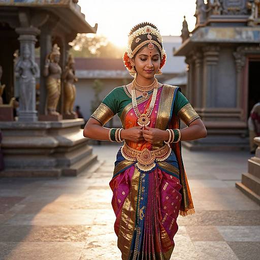 Photograph of a South Indian woman in traditional attire, adorned with gold jewelry, standing in a sunlit temple courtyard.