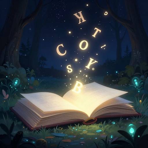 Digital illustration of an open glowing book in a dark forest, with floating 