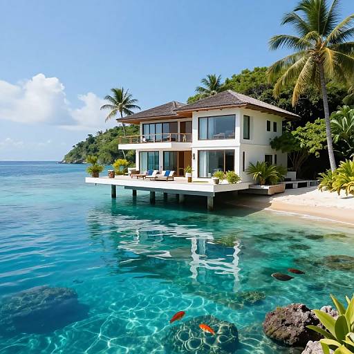 Photograph of a modern, white, two-story beach house with large windows, elevated on stilts over clear turquoise ocean water, surrounded by palm trees